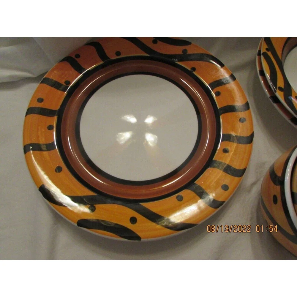 PIER 1 PLATES BOWLS CUPS ORANGE DOT BLACK HAND PAINTED ITALY PLACE SETTING FOR 2